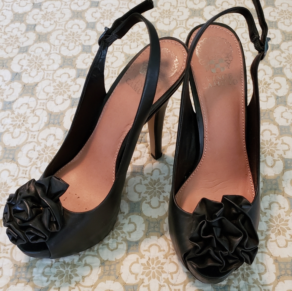 Vince Camuto black leather slingback platform heels